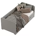 Children's Bed With White Grey Frame Soft Mattress Decorative Pillows And Cozy Blankets