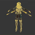 Futuristic Game and Movie Character With Blue Orange Armor Mechanical Arm Attachments and Tactical Gear