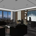 Modern Office Interior With Large Windows Leather Sofas Desk Bookshelves And City View