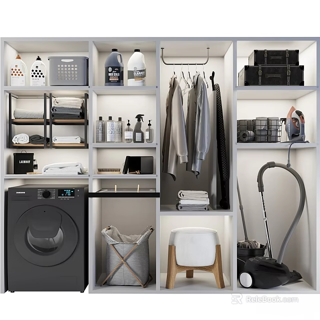Organized Laundry Room With Washing Machine Detergent Bottles Hanging Clothes And Storage Shelves 3d model 
