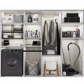 Organized Laundry Room With Washing Machine Detergent Bottles Hanging Clothes And Storage Shelves