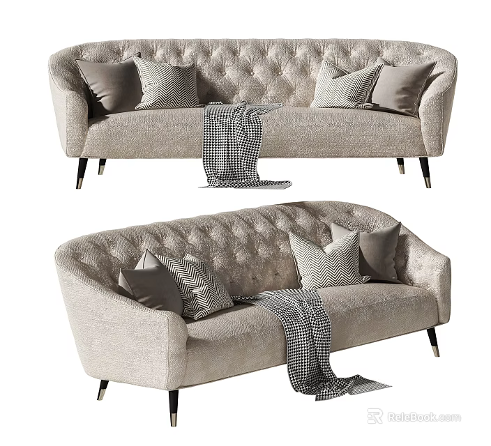 Light Colored Sectional Sofa With Tufted Details Decorative Pillows And Plaid Throw 3d model