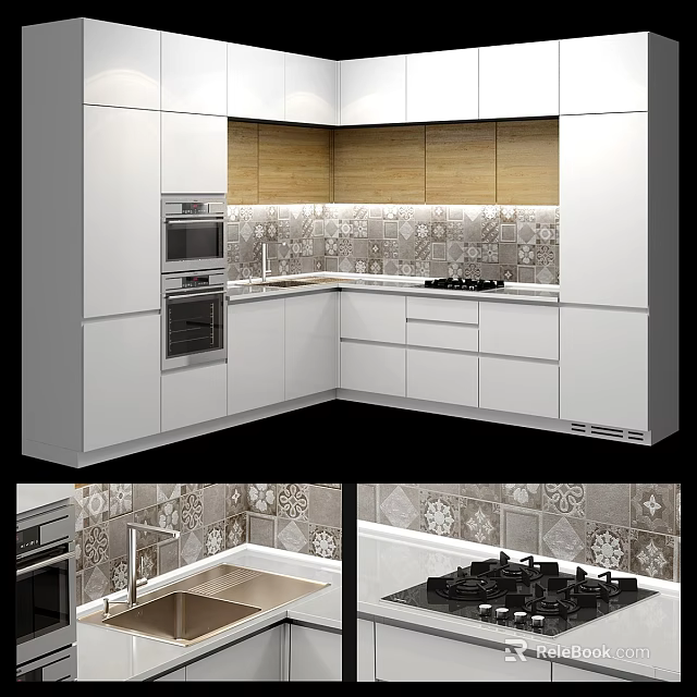 Modern Kitchen Interior With White Cabinets Tile Backsplash Countertop And Stove 3d model