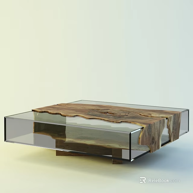 Modern Coffee Table Featuring Wooden Top And Transparent Glass Frame Design 3d model