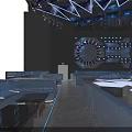 Modern Ballroom Interior Design With Neon Lights Blue Purple Illumination And Comfortable Sofa Seats