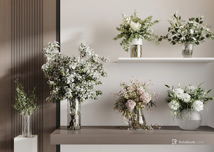 Various Vase Flowers Arrangement With Glass Ceramic Vases And Colorful Blooms On Shelves 3d model 