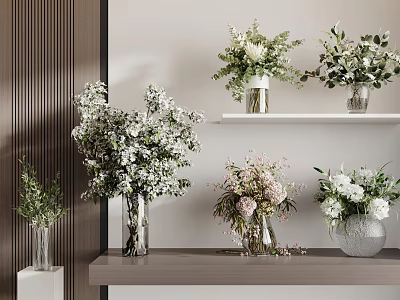 Various Vase Flowers Arrangement With Glass Ceramic Vases And Colorful Blooms On Shelves 3d model