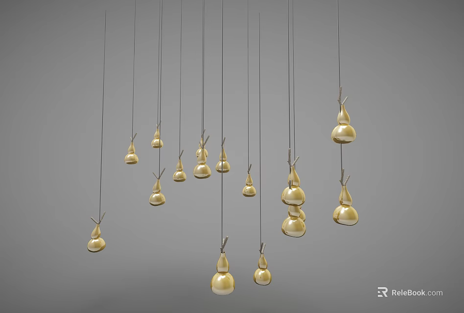 Modern Golden Gourd Shaped Pendant Lights Hanging Against Grey Background 3d model 