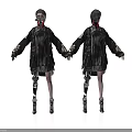 Two Cybernetic Characters In Black Leather Coats With Mechanical Limbs Holding Hands