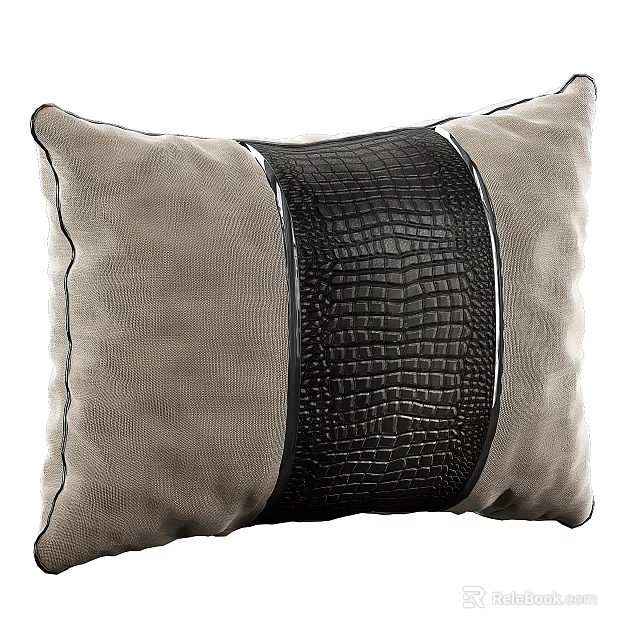 Light Brown Throw Pillow with Black Crocodile Texture Patchwork and Stitched Edges 3d model 