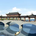 Traditional Chinese Stone Arch Bridge With Pavilion Style Roofs Over Water Surface And Small Boat