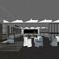 Modern Spacious Meeting Room Interior With Sofa Tables Chairs Wooden Walls Lighting Strips And Carpet