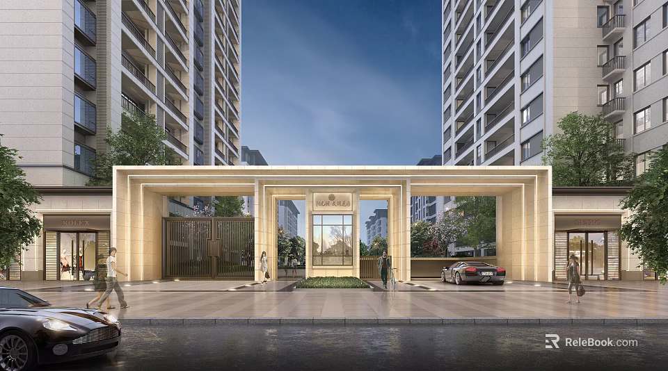 Beige Entrance Gate Of Modern High Rise Building With Glass Door Pedestrians Vehicles Green Plants 3d model 
