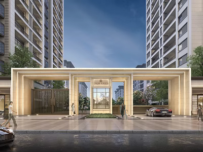 Beige Entrance Gate Of Modern High Rise Building With Glass Door Pedestrians Vehicles Green Plants 3d model
