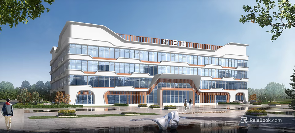 Modern Residential Building With Large Glass Windows White Exterior Wooden Accents Water Feature And Lawn 3d model 