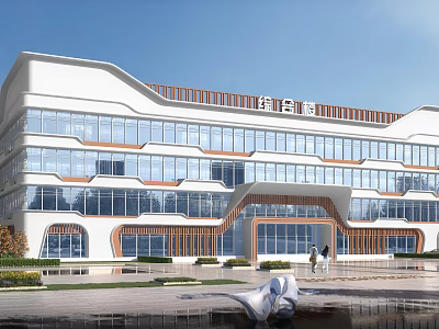 Modern Residential Building With Large Glass Windows White Exterior Wooden Accents Water Feature And Lawn 3d model