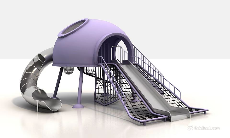 Fun Kids Playground With Purple Dome Slide And Metal Stairs Railings 3d model 