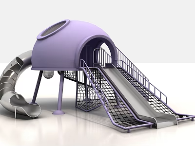 Fun Kids Playground With Purple Dome Slide And Metal Stairs Railings 3d model