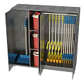 Grey Storage Cabinet With Open Door Holding Mops Brooms And Red Buckets