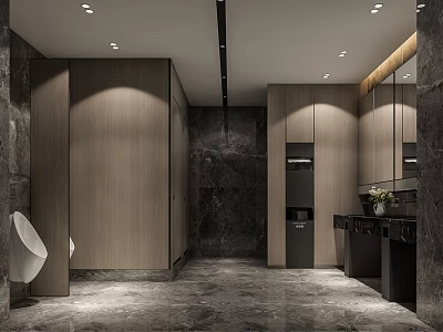 Modern Public Restroom Interior With Wooden Cubicles Marble Walls And Mirrored Washbasins 3d model