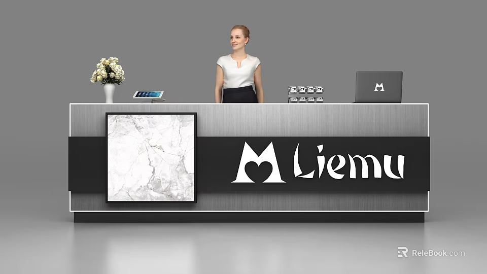 Modern Reception Desk With Metal Frame White Flower Vase Laptop And Marble Pattern Panel 3d model 