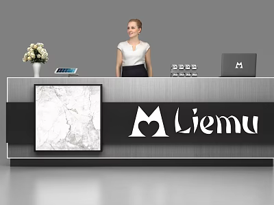 Modern Reception Desk With Metal Frame White Flower Vase Laptop And Marble Pattern Panel 3d model