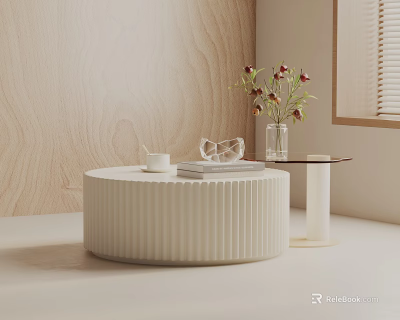 Modern Minimalist Sofa Coffee Table Set With Round White Textured Table And Flower Vase 3d model 