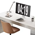 Modern Office Desk With Marble Top Brown Chair Desk Lamp And Digital Clock Stationery