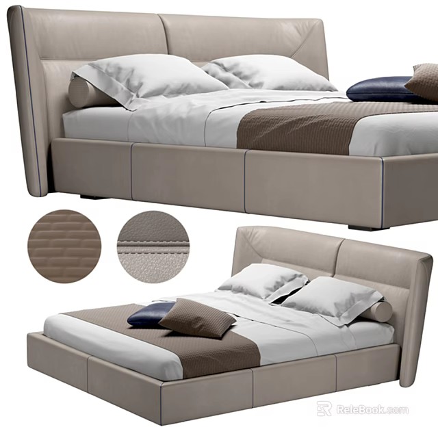 Modern Upholstered Double Bed With Stitched Headboard And Neutral Tones Pillows 3d model 