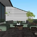 Cozy Home Balcony with Green Sofa Rug Dog Hanging Plants Wooden Floor and Tree View