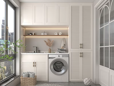 Modern Home Balcony Interior Design With White Cabinets Washing Machine Shutter Doors And Plants 3d model