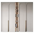 Modern Light Beige Wardrobe With Symmetric Doors Open Shelves And Decorative Items