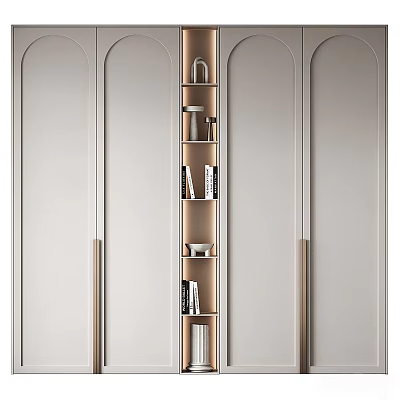 Modern Light Beige Wardrobe With Symmetric Doors Open Shelves And Decorative Items 3d model