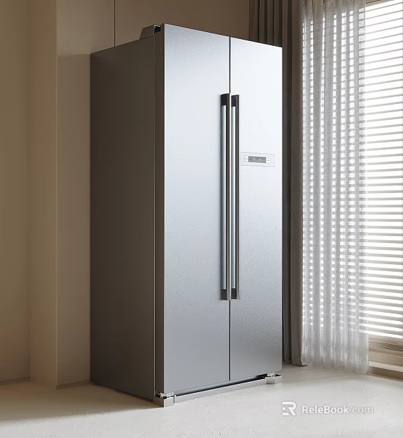 Modern Stainless Steel Double Door Refrigerator Freezer In Kitchen With Curtains And Window 3d model 