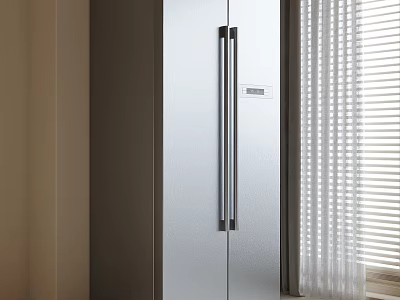 Modern Stainless Steel Double Door Refrigerator Freezer In Kitchen With Curtains And Window 3d model