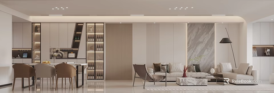 Modern Living Dining Room Interior With Sofa Coffee Table And Wine Cabinet Lighting 3d model