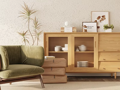 Modern Wooden Sideboard with Picture Frames Cups Plates Drawers Cabinet Doors and Green Chair 3d model