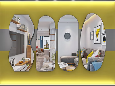 Decorative Mirrors with Yellow Frame Reflecting Modern Home Interior Spaces 3d model