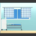 Miniature Bedroom Interior With Blue Walls Bed Blue Sheets White Cabinet Window And Checkered Curtains