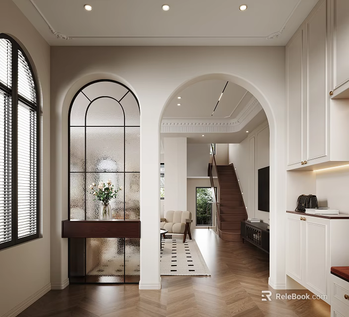 Elegant Modern Foyer Hallway Interior Design With Arched Glass Windows And Console Table 3d model 