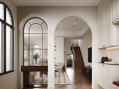 Elegant Modern Foyer Hallway Interior Design With Arched Glass Windows And Console Table 3d model