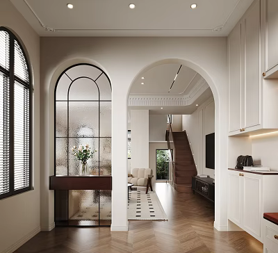Elegant Modern Foyer Hallway Interior Design With Arched Glass Windows And Console Table 3d model