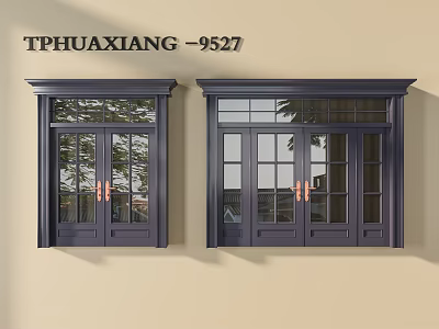 TPHUAXIANG 9527 Navy Blue Entrance Doors with Glass Panes and Brass Handles on Beige Wall 3d model