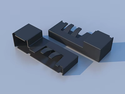 Black Plastic Buckle Connectors Two Parts Base Grooved Cover Rectangular Smooth Surface Light Blue Background 3d model
