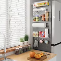 Organized Kitchen Storage Rack With Paper Towel Cans Spices Potted Herbs And Hanging Oven Mitts