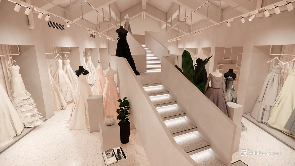 Elegant Bridal Shop Interior With Wedding Dress Displays Staircase And Green Plants 3d model 