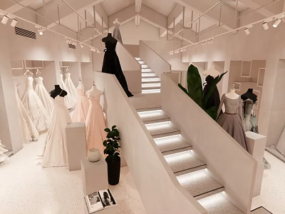 Elegant Bridal Shop Interior With Wedding Dress Displays Staircase And Green Plants 3d model
