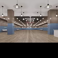 Basketball Court Interior With Wooden Flooring Hanging Lights Blue Walls And Red Seats