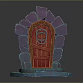 Red Wooden Door Entrance Gate With Purple Stone Frame And Blue Base