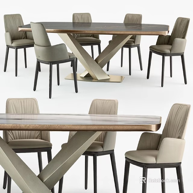 Modern Dining Table And Chairs Set With Marble Top And Geometric Leg Design 3d model 